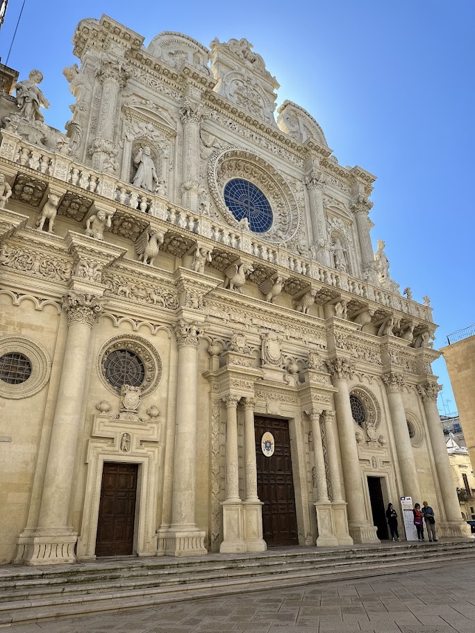 Intricate Baroque facade of Basilica di Santa Croce in Lecce, Puglia.